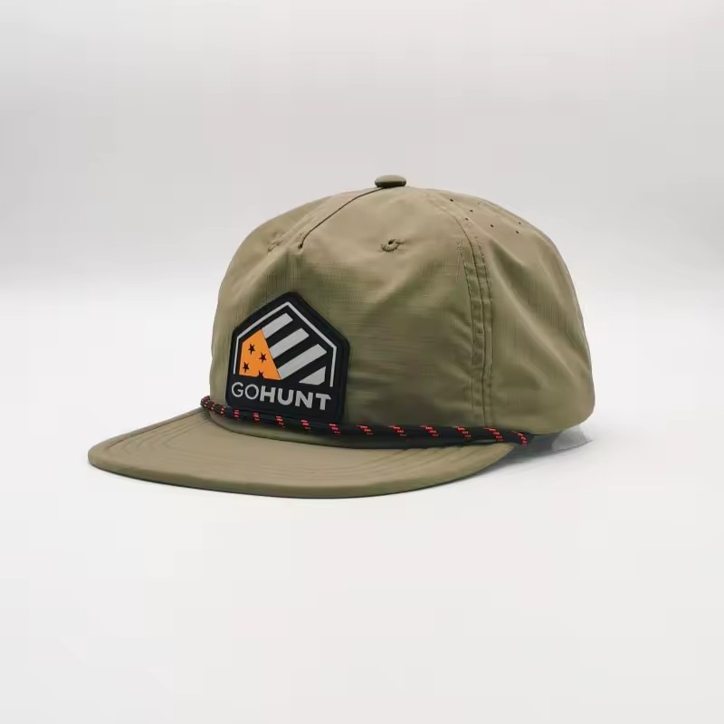 front with rope nylon fabric flat visor logo 3D embroidery baseball hat