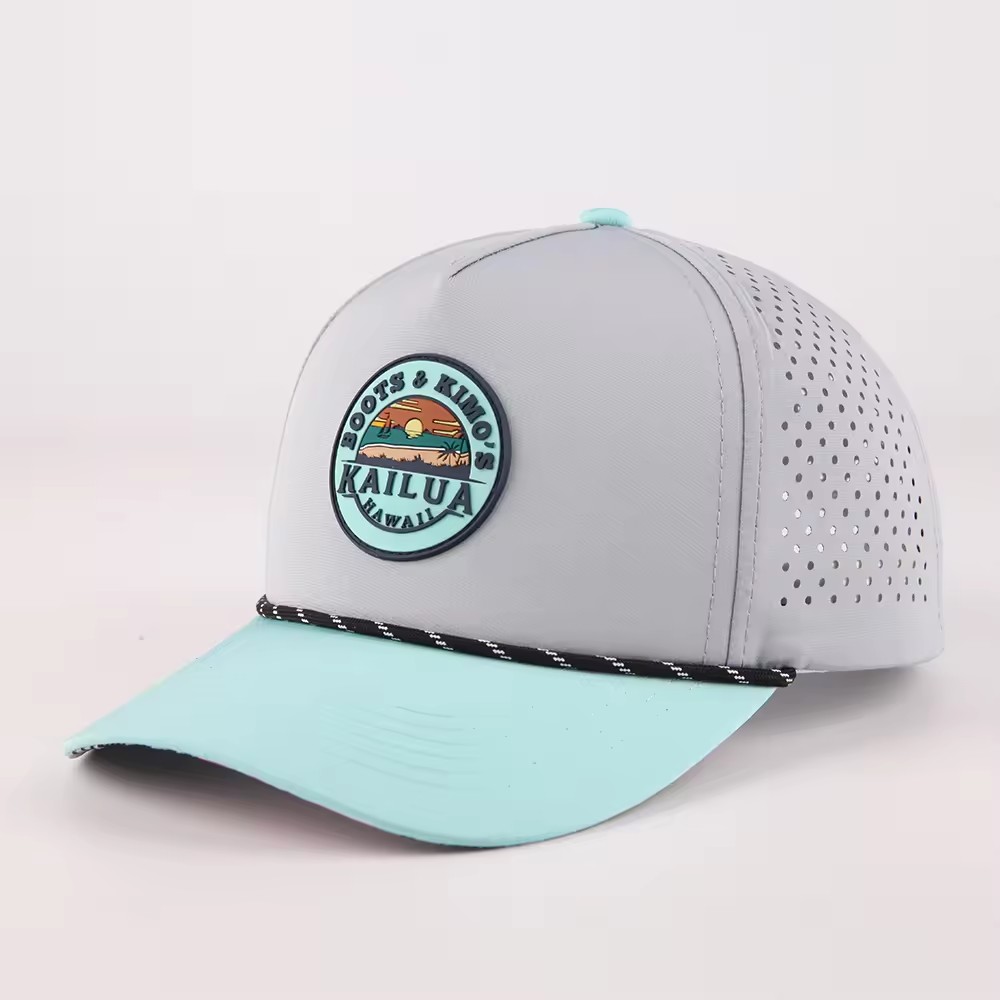 stamp logo five panels back with laser cut hole dad hat